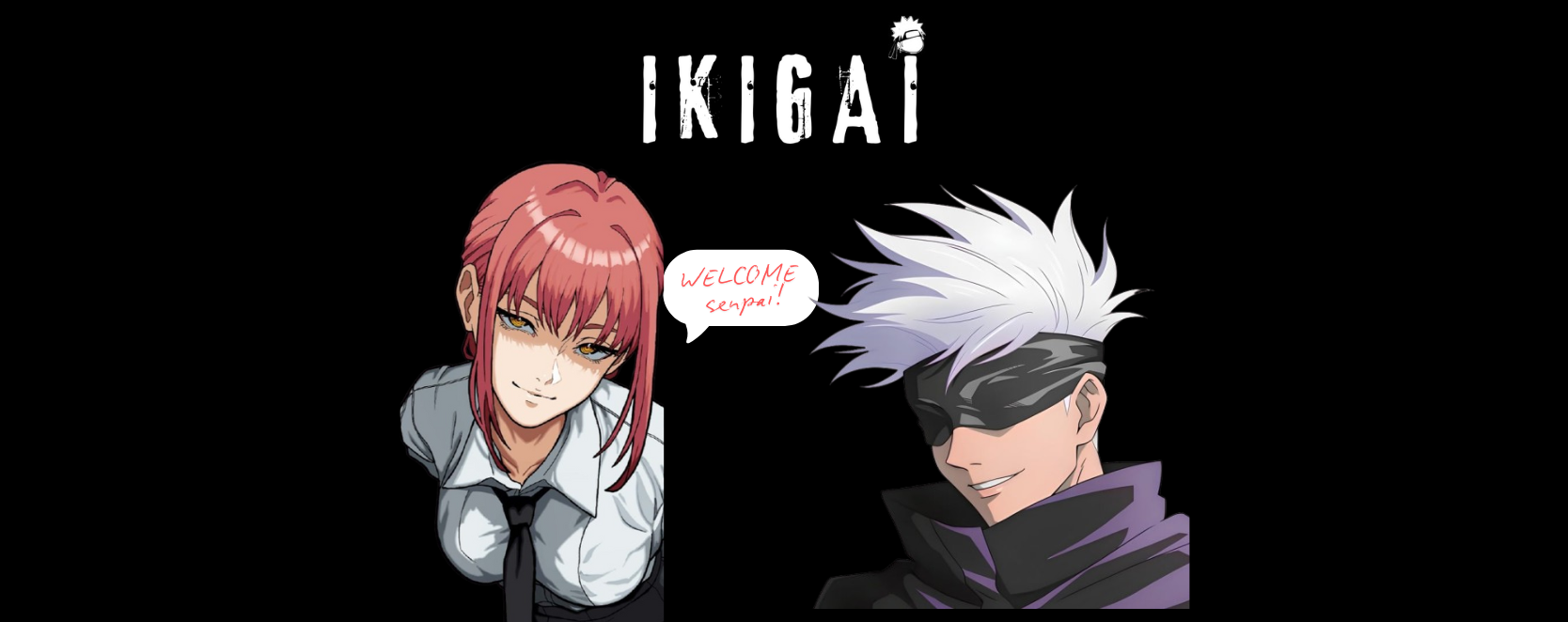 landing page banner, Two animated characters with a speech bubble and the word 'IKIGAI' on a black background.