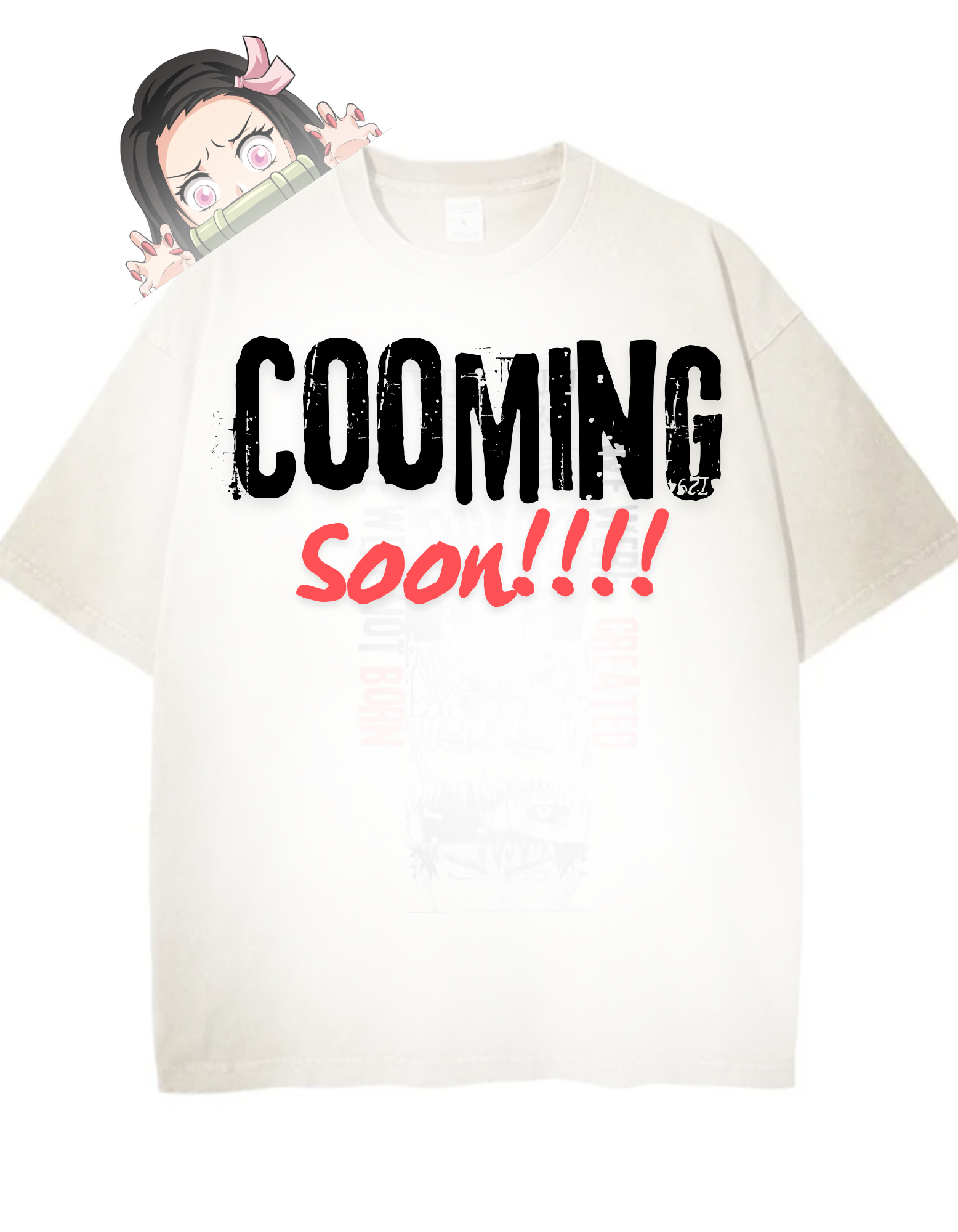 t-shirt with 'COOMING Soon!!!' text on a white background